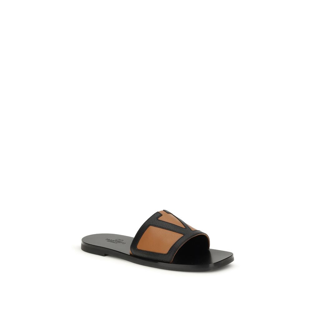 Valentino Garavani Black Calf Leather Bos Taurus Flat Sandals