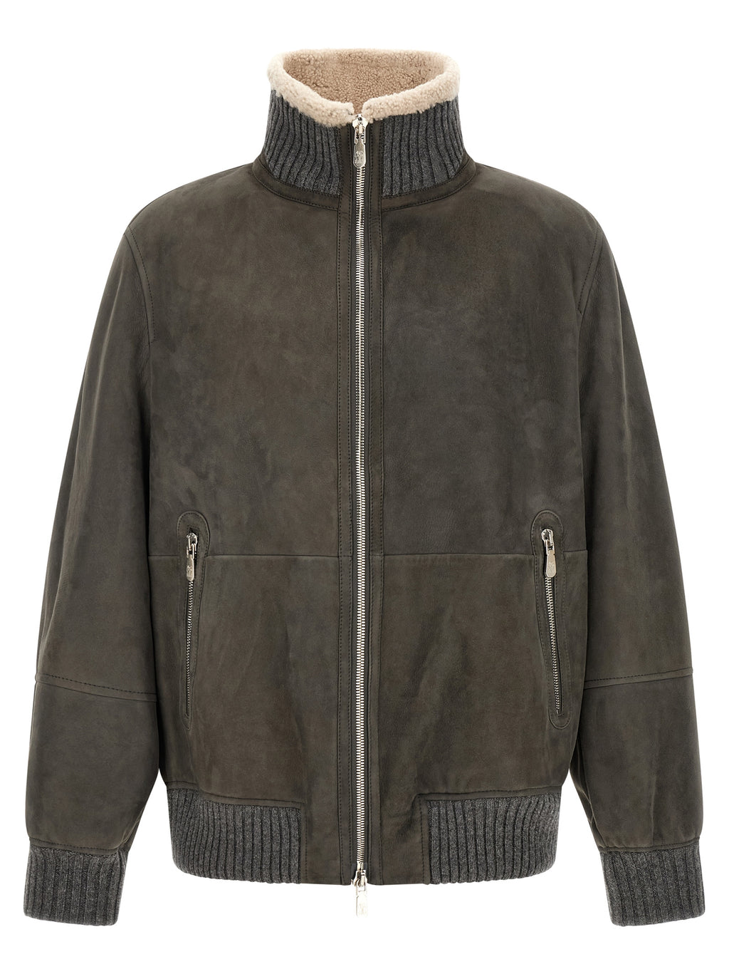 Brunello Cucinelli Gray Lamb Leather Leather Jacket