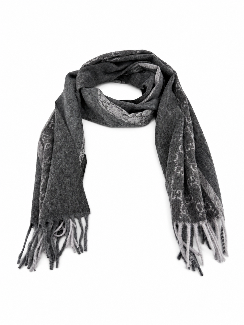 Gucci Monogram Charcoal Grey Cashmere & Wool Scarf with Fringe