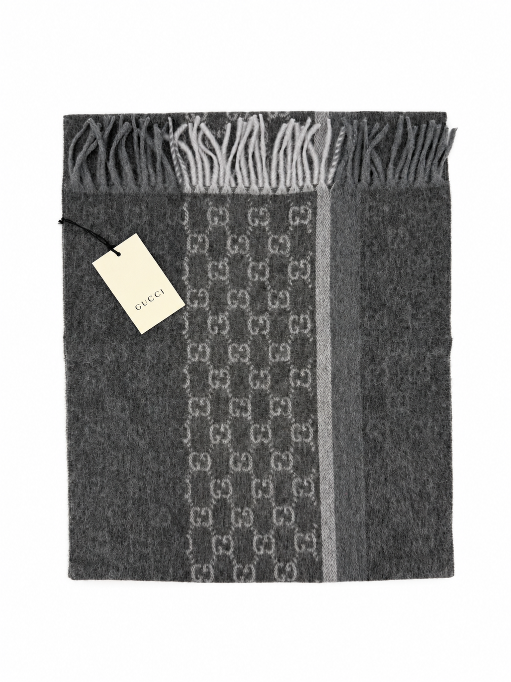Gucci Monogram Charcoal Grey Cashmere & Wool Scarf with Fringe