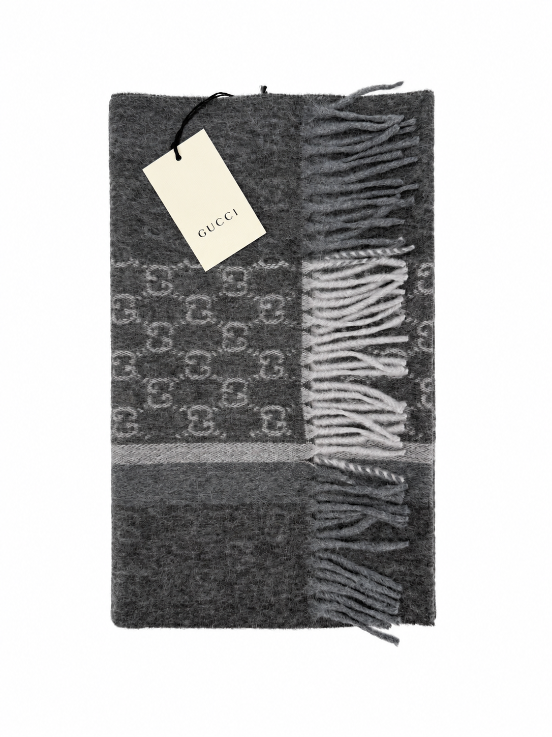 Gucci Monogram Charcoal Grey Cashmere & Wool Scarf with Fringe
